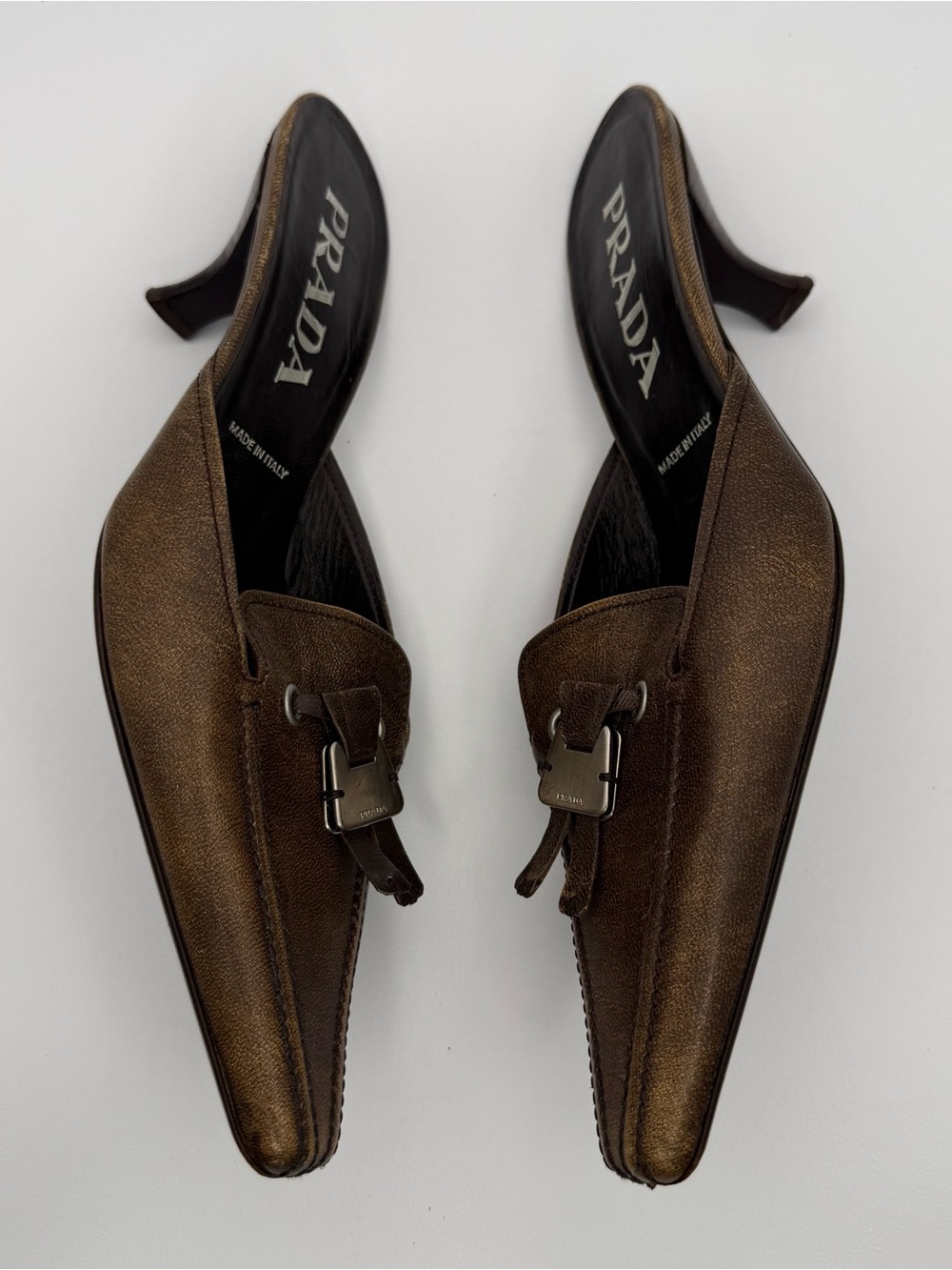 Vintage Prada Bronze Brown Leather Kitten Heel Mule Slides Sz 35.5 Made in Italy - Picture 5 of 17